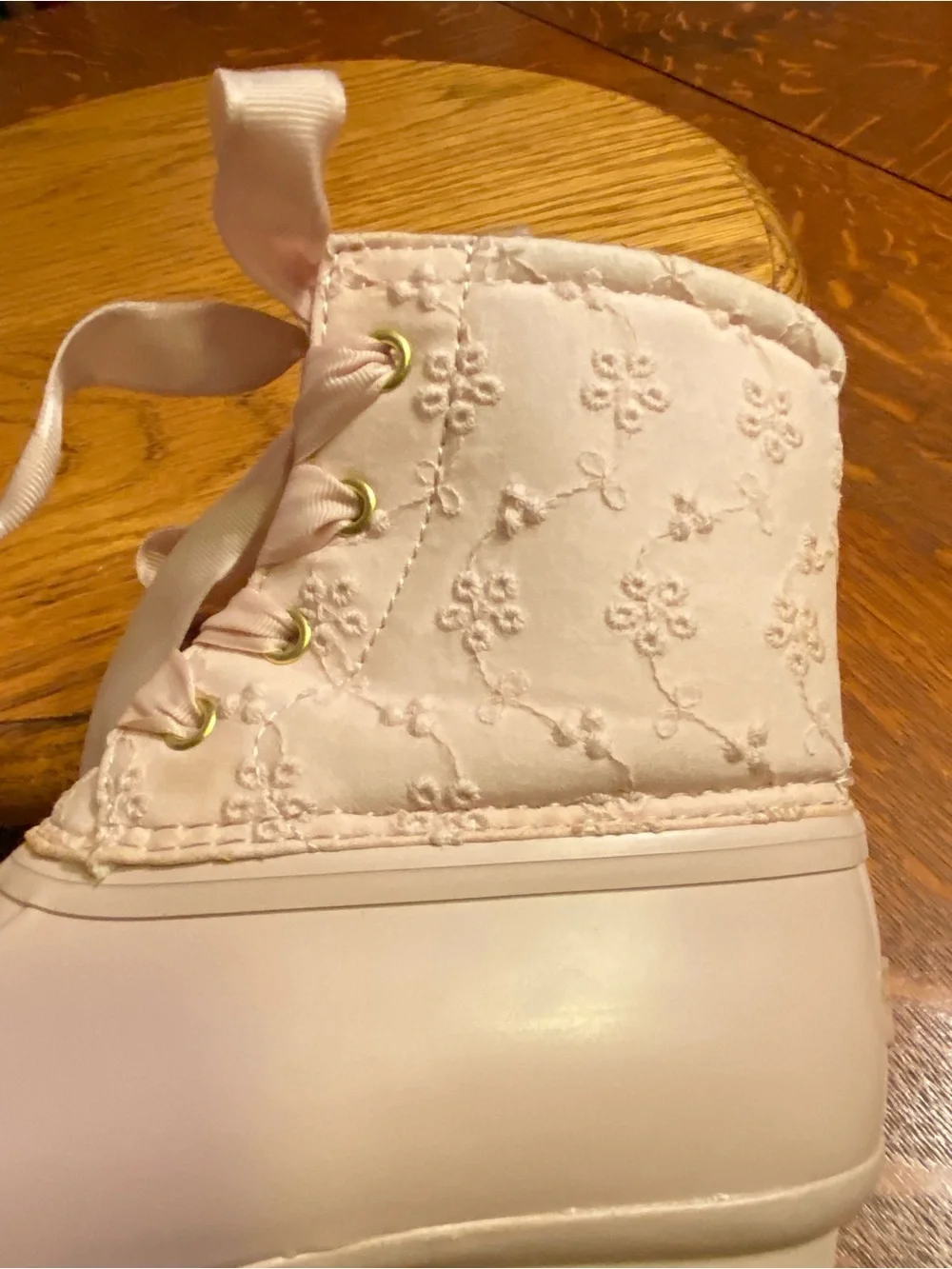 Sperry Girls powder pink lace-up all weather duck boots.